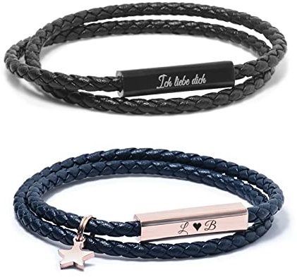 The Magical touch TMT Personalisierte Partner Armbänder mit Gravur | Roségold Silber Schwarz Blau | Lederarmband Herren Damen | Pärchen Armband mit Namen | Partner Geschenke zum Valentinstag für sie