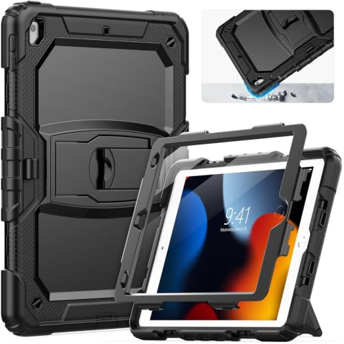 SEYMCY for iPad 9th/8th/7th Generation 10.2 Inch Case 2021/2020/2019 | Full-body Shockproof Protection with Screen Protector, Built-in Folding Stand, Pencil Holder for iPad 10.2 Case, Black