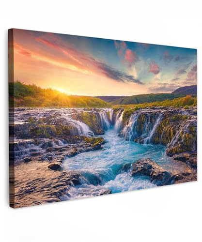 MuchoWow© Leinwände Groß XXL Wall Decoration Bilder Schlafzimmer Deko | 120x80 cm - Pictures Canvas Painting Wanddekoration Wohnzimmer Bild Natur - Wasserfall - Pflanzen - Moos - Landschaft