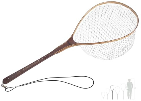 Riverruns Long Wooden Net Fly Fishing with Measuring Dots on Handle Soft Rubber Bag (Long Handle Wooden Net)