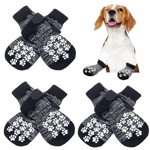Kigniote 3 Paar Anti-Rutsch Socken Für Hunde Indoor Hundeschuhe Pfotenschutz Hundesocken mit Klettverschluss Antirutschsocken Hund für den Innenbereich auf Hartholzboden Grau - S
