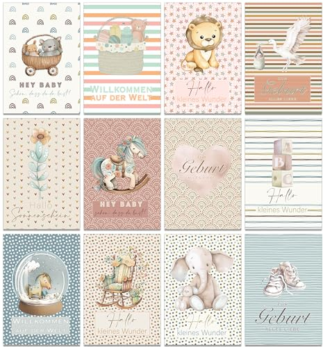 12 x Geburtskarten/Karten zur Geburt für Jungen oder Mädchen mit Umschlägen aus recyceltem Papier (12 Stück)