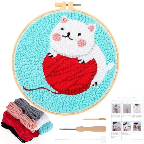 JSRQT Stanznadel Stickerei Starter Kit Katze Punch Needle Debutant für Anfänger Kinder Erwachsene Embroidery Broderie mit Instruction Stanznadelstoff Muster Set