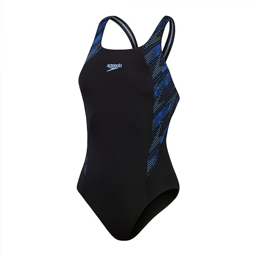 Speedo Women's HyperBoom Splice Muscleback Swimsuit | Classic Design | Quick Drying | Training | Fitness | Chlorine Resistant, Black/True Cobalt/Curious Blue, 38