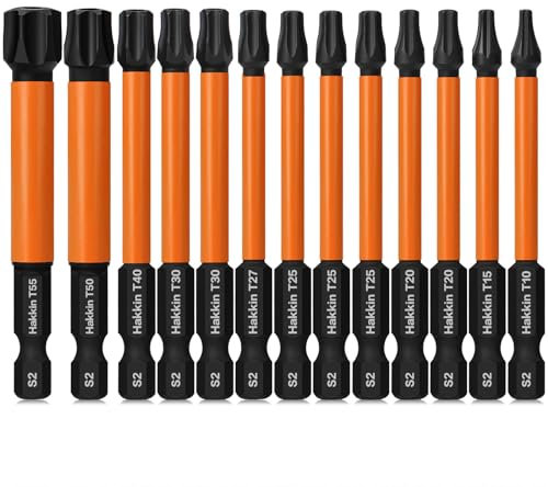 Torx Bit Set Hakkin 13Pcs Impact Torx Bit Set S2 Steel 75mm Heavy Duty Tamper Proof Torx Screwdriver Sets for Impact Driver T10 T15 T20 T25 T27 T30 T40 T50 T55