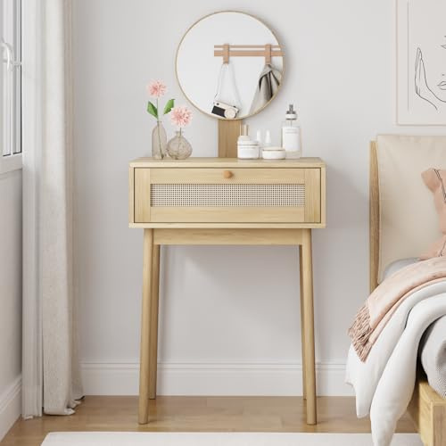 Semiocthome Kleiner Make-up-Schreibtisch mit Spiegel, Landhausstil, kompakter Schminktisch mit Rattan-Schublade, 50 cm tief, großer Schminktisch für Schlafzimmer