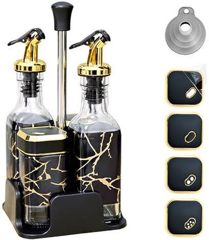 SAEIV Sale e Pepe Set (Set da 5 Pezzi), Con Barattoli per Oliera con Coperchio Girevole a 360° per Maggiori Possibilità di Fuoriuscita, Dispenser Olio da Cucina con Design a Prova di Perdite