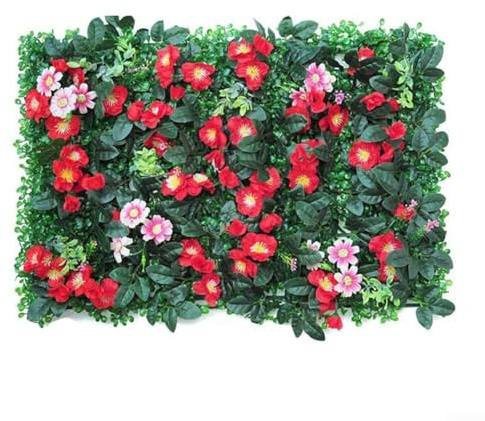 Pannelli di siepe con foglie artificiali, traliccio con fiori di erba artificiale, parete di sfondo, parete di erba verde per decorazione, recinzione per la privacy, interno ed esterno, giardino (1)