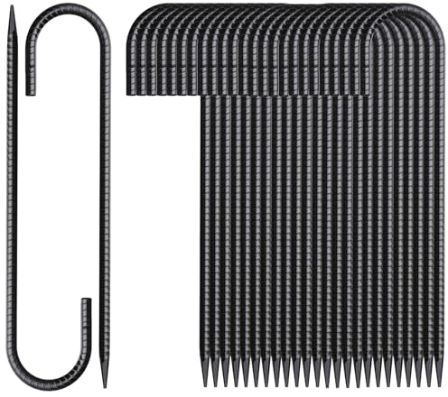 MSWY 16 Inch Rebar Stakes J Hook 26 Pack Ground Stakes Heavy Duty Tent Stakes with Chisel Point End Chain Link Fence Stakes Galvanized Steel Ground Anchors Metal Spikes Black Coated