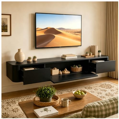 KSYGINXD Schwebende TV Schrank 140cm Schwarz, Modern TV Lowboard Hängend, TV Board Hängend mit 2 Schubladen 1 Klappen Türen & Kabelmanagement, für Wohnzimmer und Esszimmer