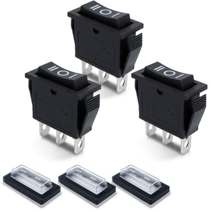 Innfeeltech 3 Stück Mini-Wippschalter, Schwarz KCD3-101 3-Pin 3-Position Kippschalter mit 3 wasserdichten Kappen ON-OFF-ON