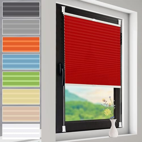 Plissee 40 x 70 cm, schnelle Installation, blickdicht, Rollo, für Schlafzimmer, Küche, Badezimmer, einfaches Anklemmen, Sichtschutz in Rot
