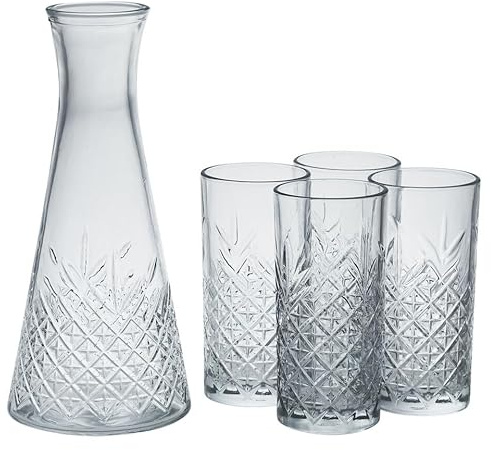 Queensway Home & Dining Timeless Carafe Set - 940ml Jug & 4 x 365ml Drinking Glasses - Elegant Glassware for Dining, Classic & Durable Design, Dishwasher Safe