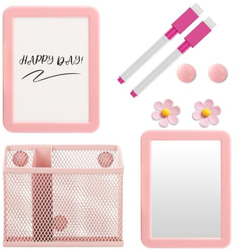 Weiblicher Spind-Organizer, magnetisches Zubehör-Set mit Whiteboard, Spiegel, Stifthalter, Marker, runder Magnet – Zubehör für den Schulanfang und Arbeitsspind-Organizer, Rosa