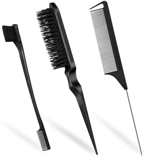 Diffaxy Sleek Bun - Set di 3 pennelli per trecce, Edges Brush e spazzola per capelli, per parrucchieri, donne e bambini, colore nero