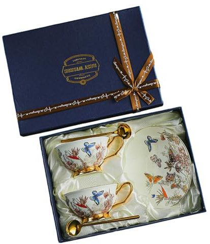 Taza de café de cerámica de mariposa floral de 220 ml, juego de té de la tarde personalizado para el hogar, dos tazas de platillo, cuchara, caja corta