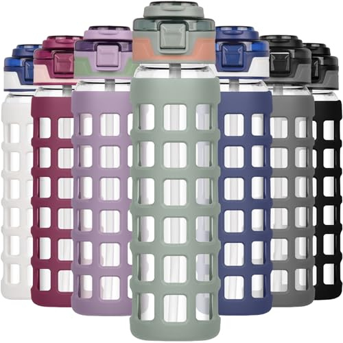 Ferexer Glass Water Bottle 1 litre / 660ml with Handle Straw Flip lids, leakproof, BPA free Water Bottle,Sustainable Borosilicate Glass, with Silicone Sleeve Sports Glass Drinking Bottle Green