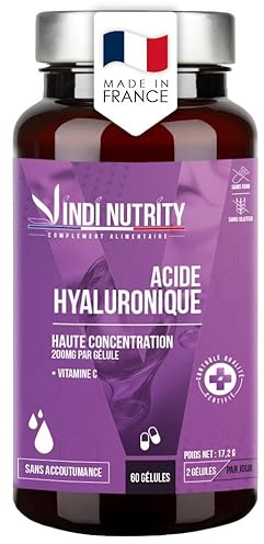 Acide Hyaluronique, Haute Concentration 200 mg, Vitamine C, 60 Gélules, VINDI NUTRITY, Fabriqué en France