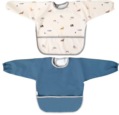 MIMUSELINA | Set di 2 Bavaglini Neonato Impermeabili | Bavaglino con Maniche Lunghe | Chiusura Regolabile e Polsini Elastici | Bavaglino Svezzamento | Ideali per Asilo Nido (Savanna)
