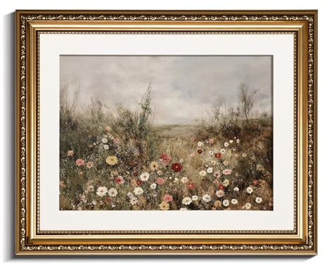 InSimSea Goldene gerahmte Wandkunst, Wohnzimmer, klassische Wildblumenfeld, Wiese, Blumen, Leinwanddruck, Wanddekoration, Vintage-Landschaft, Heimdekoration, Bauernhaus-Dekor, antike Gemälde mit