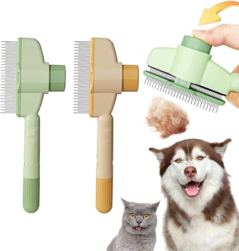 Fellblitz Bürste Katze - Selbstreinigender Katzen Bürste,Fellbürste Katze Entfernt Knoten&Lose Haare,Für Langhaar/Kurzhaar Katzenbürste&Hundebürste mit Reinigungsknopf(Grün+Gelb)