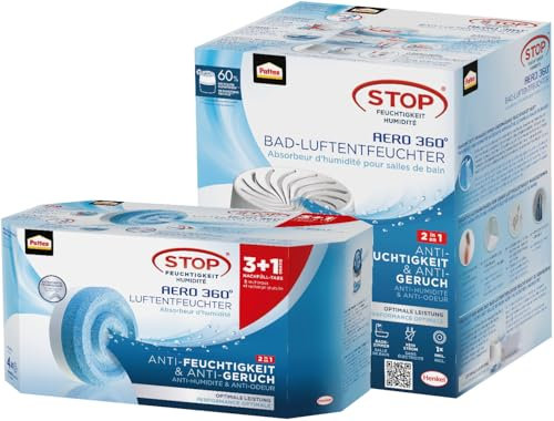 Pattex AERO 360° Luftentfeuchter für das Badezimmer, Raumluftentfeuchter, 1 Gerät inkl. 1 Nachfüll Tab & Nachfüll Tabs Neutral, reduzieren Feuchtigkeit und schlechte Gerüche, 4er-Pack (4x450g)