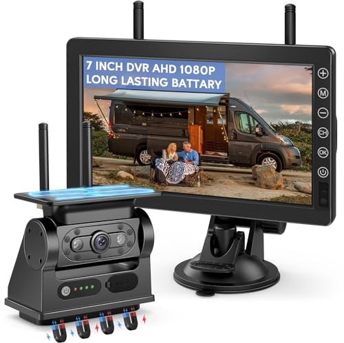 VASTEND Solar Cámara de Marcha Atrás Inalámbrica, 7'' 1080P Monitor Magnética Inalámbrica Coche Cámara Trasera con 10000mAh Batería, para Furgoneta, Caravana, Remolque, Camiones(VS-7B)