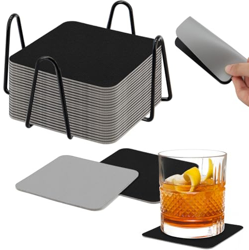 Yeria Untersetzer Gläser 14er Set Doppelseitige PU-Leder in Schwarz & Grau – Wasserdicht, rutschfest & Hitzebeständig mit Metallhalter für platzsparende Aufbewahrung (Schwarz/Grau - Quadratisch)