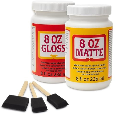 Decoupage Glue Kit – 2 Pack 8oz Gloss & 8oz Matte Glue Sealer Finish with 3 Foam Brushes – Water Based Craft Glue for Paper, Wood, Fabric & DIY Decoupage Projects