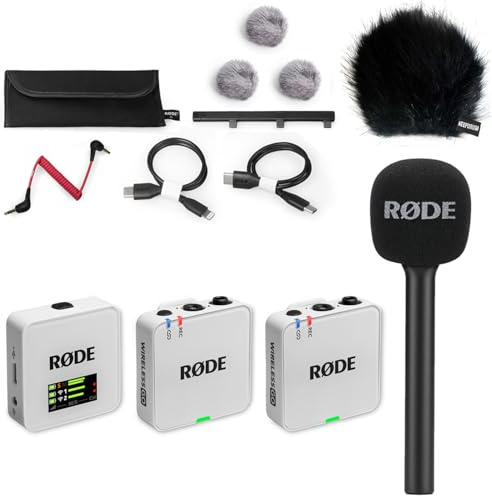 Rode Wireless GO Gen 3 - Sistema wireless per microfono a 2 canali, colore bianco, con adattatore manuale e protezione antivento Keepdrum BK