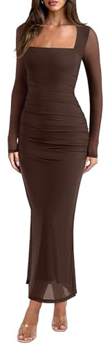 REORIA Long Sleeve Wedding Guest Maxi Dresses for Women Sheer Mesh Square Neck Ruched Bodycon Long Dress 2025 Fall Outfits Shaved Chocolate Medium