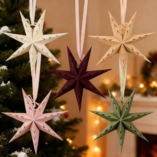 SUNBEAUTY Christmas Party 5Pcs Flocking Stars, 3D Star 7 Pointed 12 Inch Hanging Stars Lanterns Christma Hanging Lamp Decorations for Xmas Tree Wall Fireplace Tree Window Door Ceiling Decor