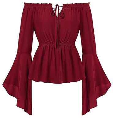 SANSIWU Women Renaissance Off Shoulder Tops Bell Sleeve Ruffle Peasant Blouse Vintage Smocked Waist Pirate Shirt Halloween Costume (B-Burgundy, L)