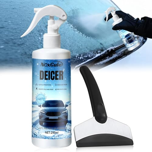 NoxGule Spray Deghiacciante Auto, Spray Sciogli Ghiaccio Auto, Sbrinatore Parabrezza Auto, Scioglie Ghiaccio e Neve con Raschietto Antighiaccio per Carrozzeria, Parabrezza e Pneumatici, 250ml