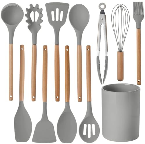 12 Pcs Kitchen Utensil Set, Silicone Cooking Utensils Set with Wooden Handle, Heat Resistant, Nonstick Cookware Tongs Spatula Spoon Set with Storage Bucket for Home, Camping, Dishwasher Safe (Grey)