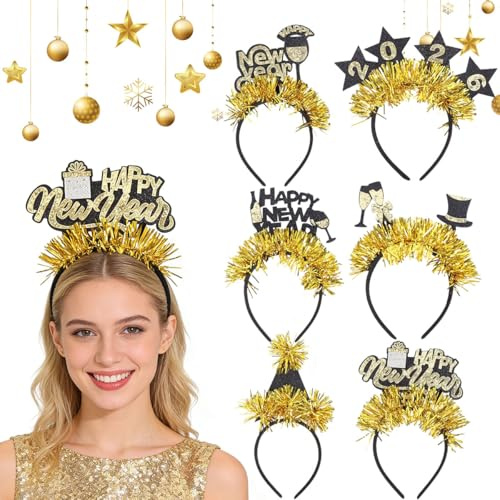 2026 Neujahrs Stirnband, 6 Stück 2026 Happy New Year Haarreif, Haarreif Silvester, Glitzer Silvester Haarschmuck für Kinder Erwachsene, Happy New Year Haarschmuck für silvester Party Fotorequisiten