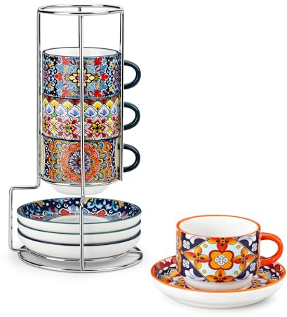 vancasso Espressotassen Set 4er, 150 ml SIMI Kaffeetassen mit Untertassen & Ständer, Stapelbare Dickwandig Espresso Tassen Set aus Keramik, Mokkatassen, Kaffeebecher für Cappuccino, Espresso, Latte