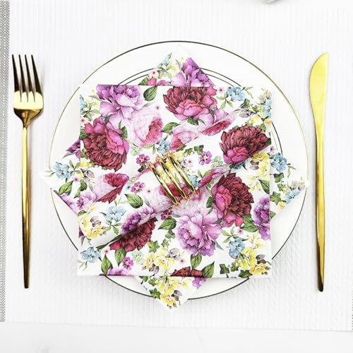 Serviettes en Papier Fleurs Violettes Serviettes de cocktail Décorations de fête,Absorbantes et pratiques - jetables pour mariage,anniversaire,apéritif,Noël,dessert15 Paquet(33x33cm)