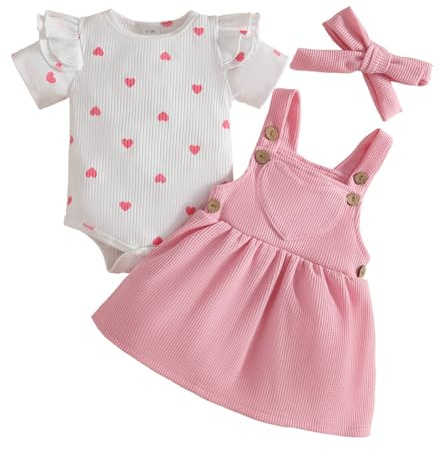 LUVCES Ensemble Nouveau-né Fille Jupe à Bretelles en Velours Côtelé + Haut Côtelée avec Cœur + Bandeau 3Pcs Jolie Vêtements d'Automne Hiver Été 3Pcs Manches Courtes Coeur d'amour rosee 0-3 Mois