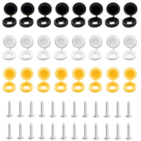 48 viti per targa, viti e tappi per targa, viti e tappi per targa auto, kit di fissaggio per targa nero, bianco e giallo (8 per ogni colore)