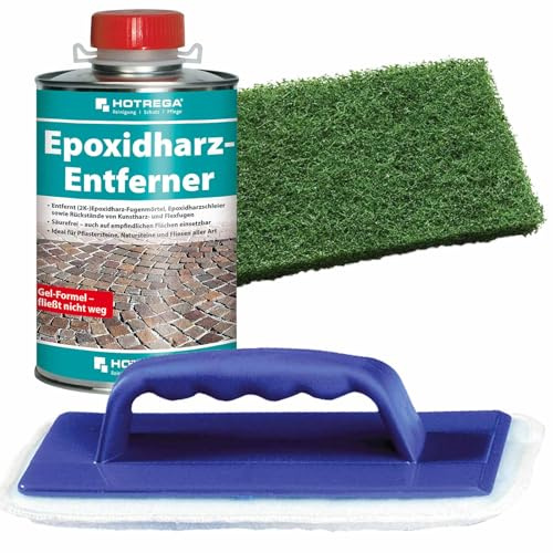 HOTREGA Epoxidharz-Entferner Gel 1 L | Reiniger für 2K-Fugenmörtel & Harz | Säurefreies Set inkl. Handpad & Halter | Für Naturstein, Keramik & Beton | Entfernt Klebereste, Lacke sowie Versiegelungen