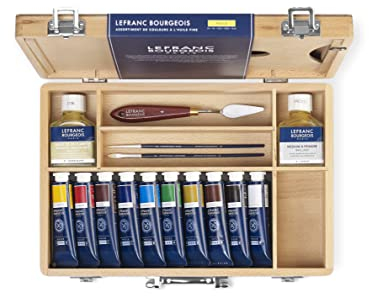 Lefranc & Bourgeois 101203 Fine Oil Colour Assortment Geschenkbox, 10 extra feine Ölfarben, Malmittel, Ölmedium, Pinsel, Palette im Holzkoffer