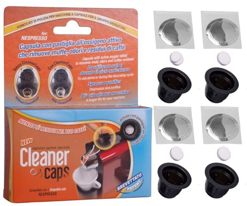 CleanerCaps Pulizia Macchina Caffè - Compatibile con Nespresso - 4 Capsule Detergenti - Pulizia Beccuccio di Uscita Caffè - Pulizia Interna Igienizzante e non Corrosiva, Facile e Automatica