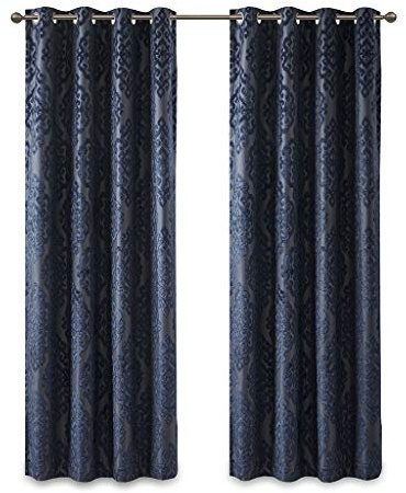 Sun Smart Mirage - Cortina 100% Opaca para Ventana, Panel de Cortina de Punto Jacquard Damasco con Ojales en la Parte Superior, 50 x 84 Pulgadas, Azul Marino