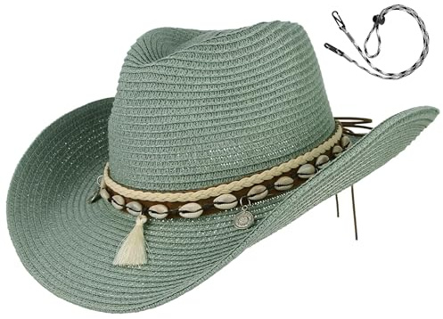 GEMVIE Women's Summer Straw Cowboy Cowgirl Hat Sun Hats Wide Brim Beach Holiday Straw Hat with Shell Band Green