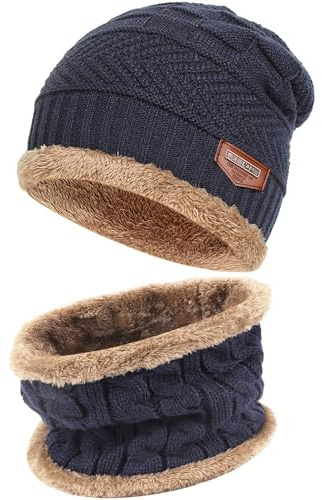 Bequemer Laden Uomo Donna Invernali Cappello in Maglia e Sciarpa con Fodera in Pile, Cappelli e Scaldacollo per Ciclismo, Moto, attività All'Aperto, Taglia Unica, B-Blu Navy