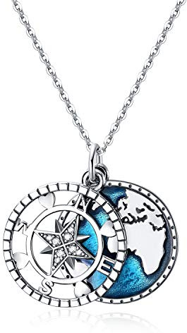 YFN Halskette mit Kompass-Anhänger, Sterlingsilber, Marineblau, Anker, Reisekarte, Damen und Herren (Go in the Direction of Your Dream)