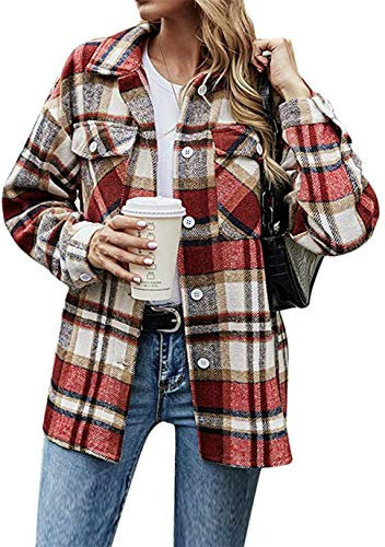 OMZIN Blusa a Cuadros para Mujer Camisa De Franela a Cuadros De Manga Larga Blusa con Botones De Algodón para Todos Los Días y Oktoberfest Rojo XL