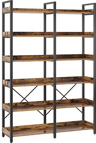 Seventable Bookshelf 6 Tier with 4 Hooks, 67” Industrial Wooden Bookcase, Vintage Storage Rack with Open Shelves, Rustic Standing Bookshelves Metal Frame 43.3” Wide Display Rack, Rustic Brown