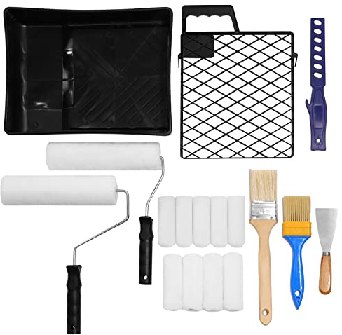 ETERNA Paint Roller Set,19 Piece Painting Roller Kit, 4+9 Roller Frame with Covers, Brushes, Putty Knife, Paint Stick, Paint Tray with Grid for Wall Decorating Home Improvement